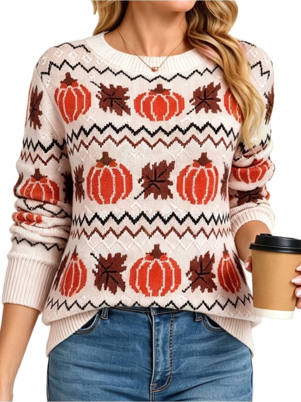 Autumn Pumpkin Crewneck Sweater - Cream & Orange